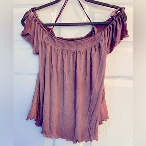 Mauve American Eagle off the shoulder soft and sexy tshirt with cute bow detail